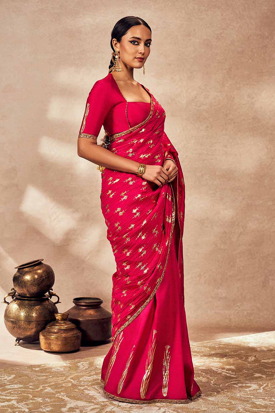 Pink Whispering Lily Printed Crush Saree With Blouse Piece