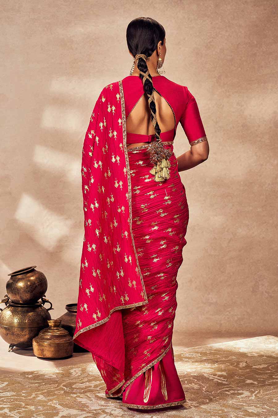 Pink Whispering Lily Printed Crush Saree With Blouse Piece