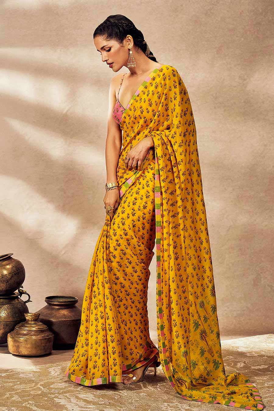 Yellow Pixie Dust Printed Saree With Blouse Piece