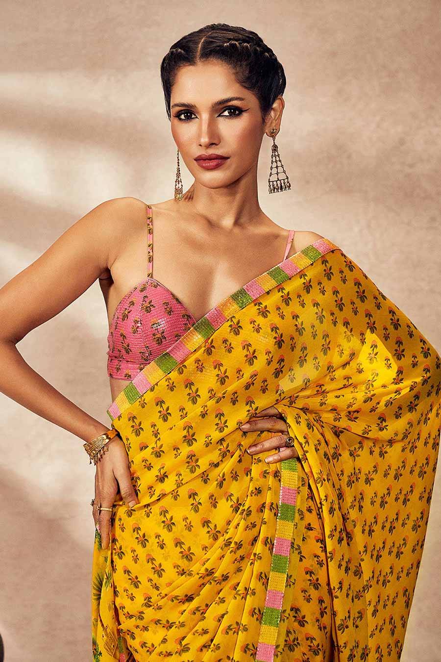Yellow Pixie Dust Printed Saree With Blouse Piece