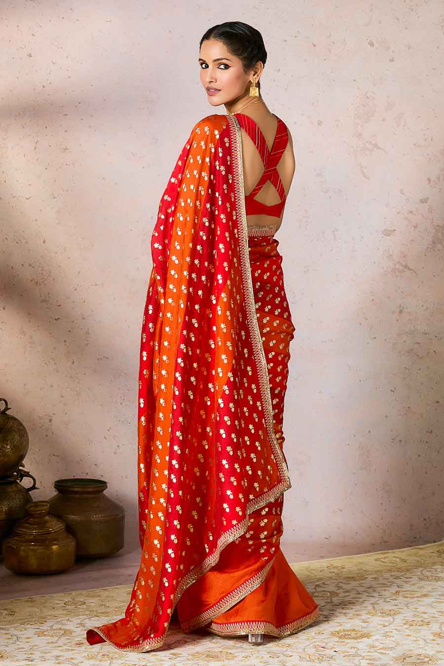 Rust Stripe Foil Printed Saree With Blouse Piece