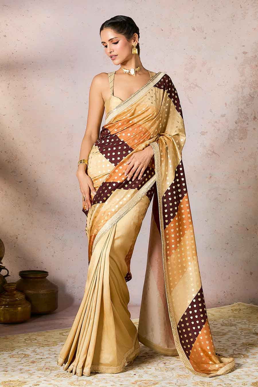 Beige Stripe Foil Printed Saree With Blouse Piece