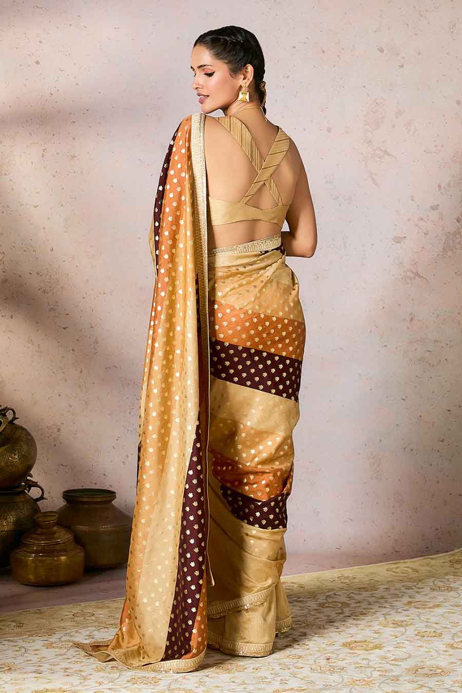Beige Stripe Foil Printed Saree With Blouse Piece