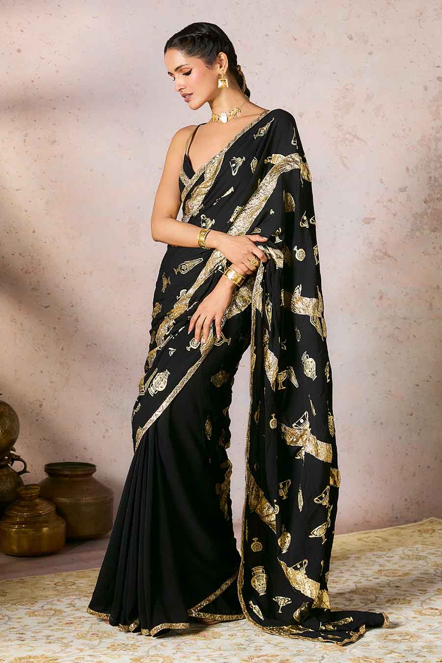 Black Potters Touch Printed Saree With Blouse Piece