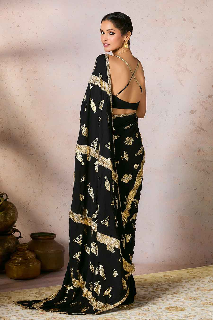 Black Potters Touch Printed Saree With Blouse Piece