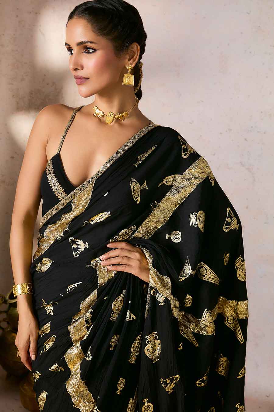 Black Potters Touch Printed Saree With Blouse Piece