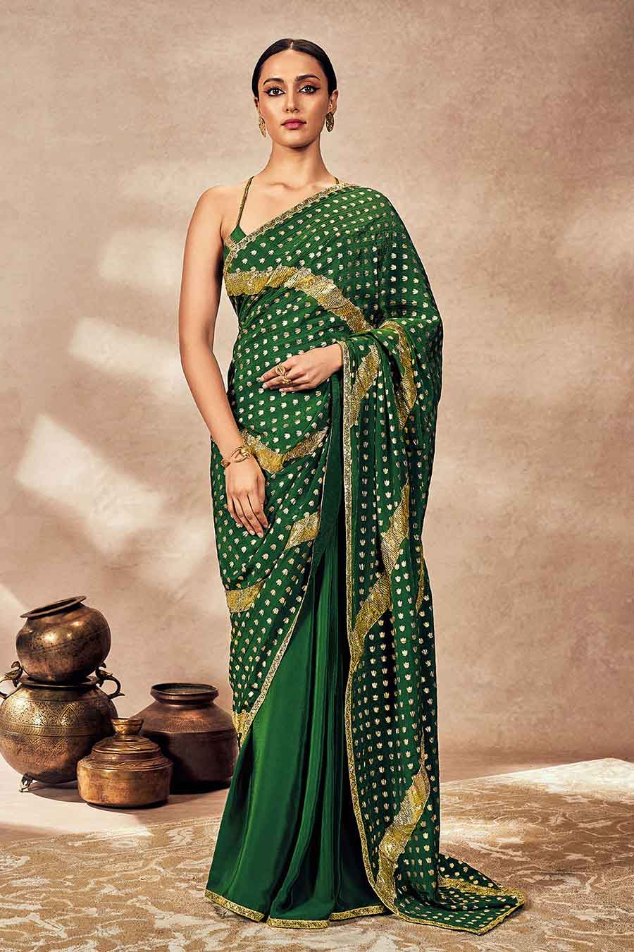 Green Palmscape Printed Saree With Blouse Piece