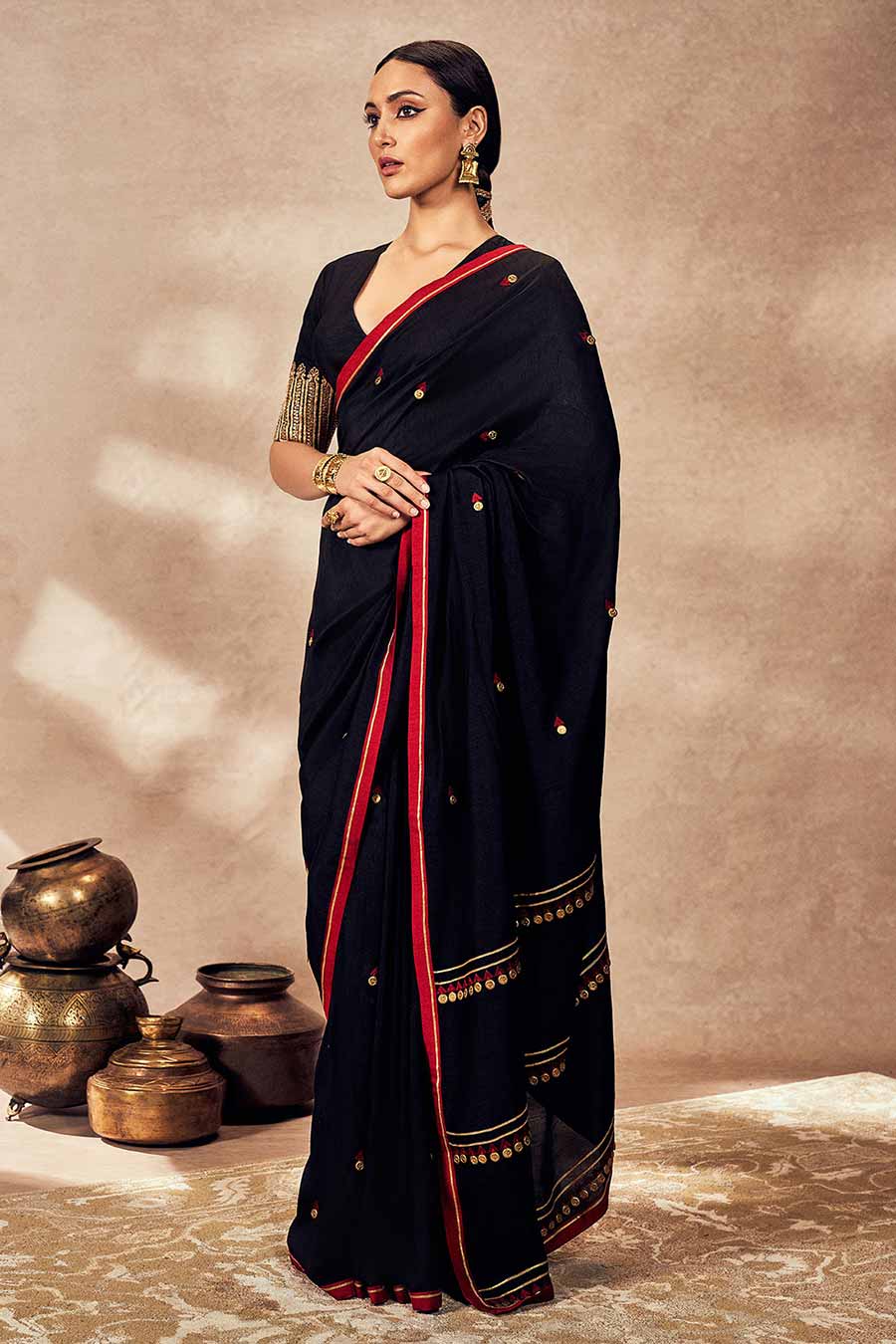 Black Coin Embellished Saree With Blouse Piece