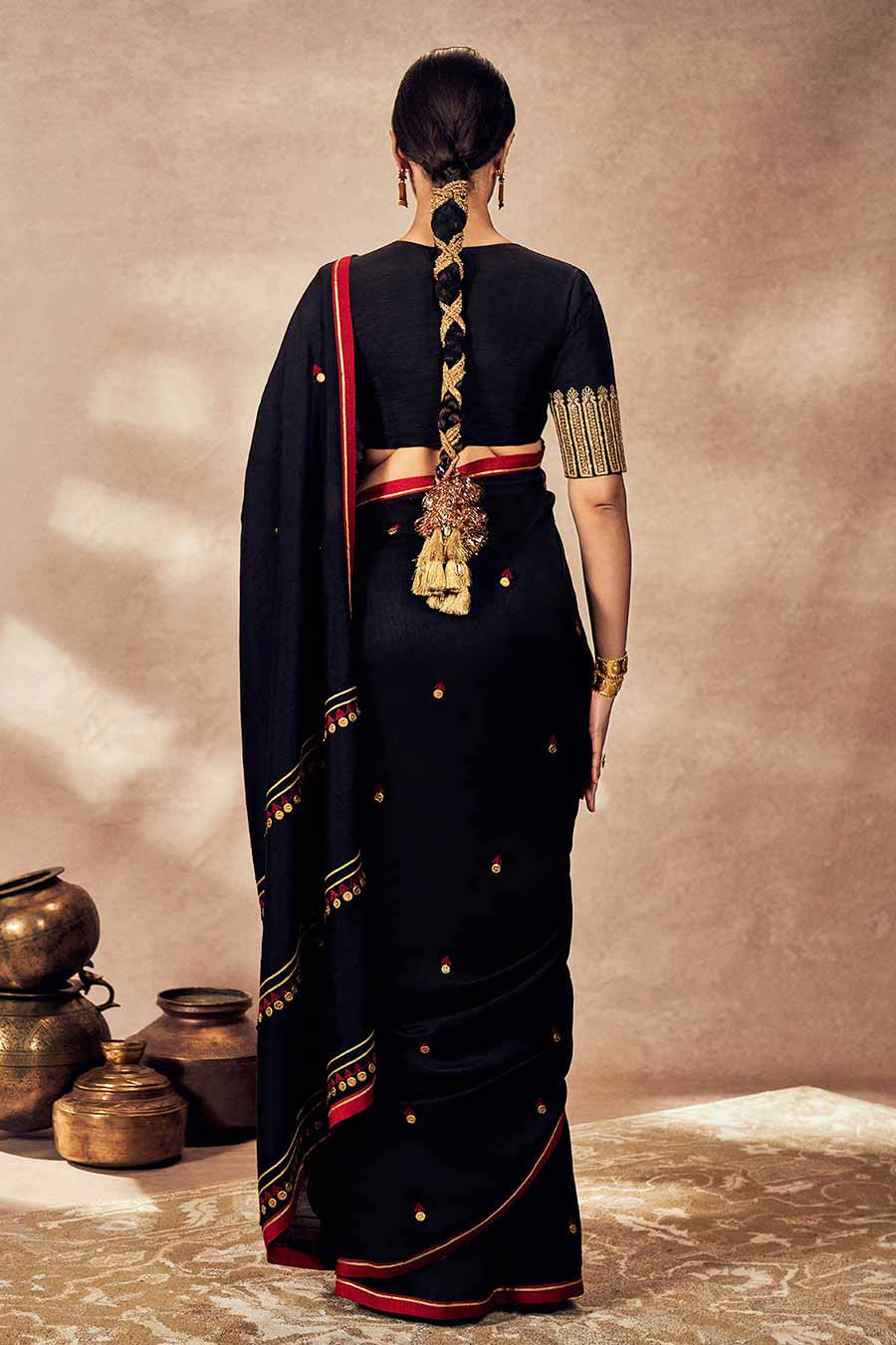 Black Coin Embellished Saree With Blouse Piece