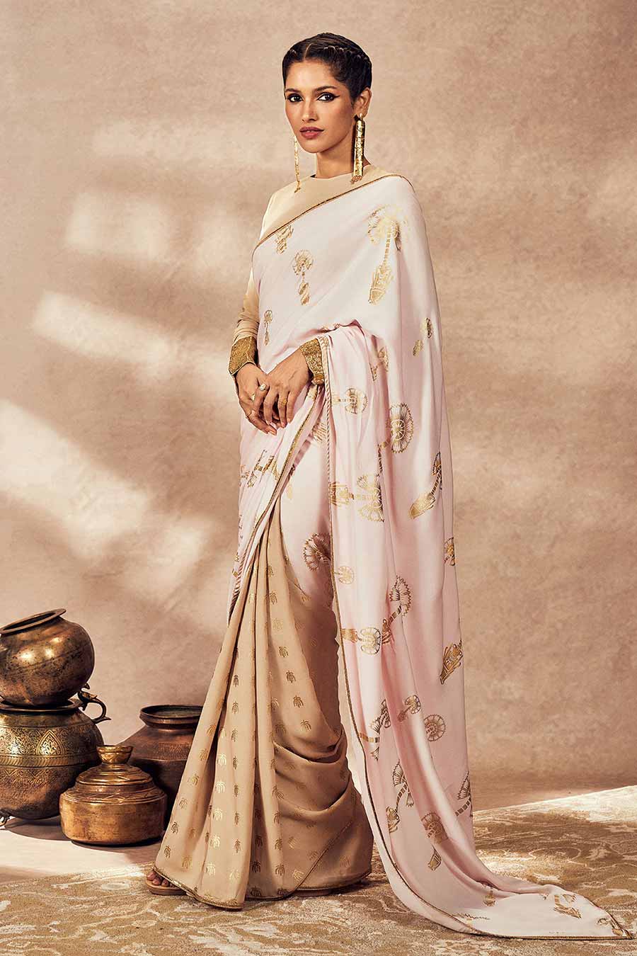 Beige & Pink Traveller's Palm Printed Saree With Blouse Piece