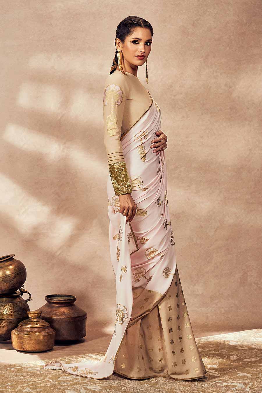 Beige & Pink Traveller's Palm Printed Saree With Blouse Piece