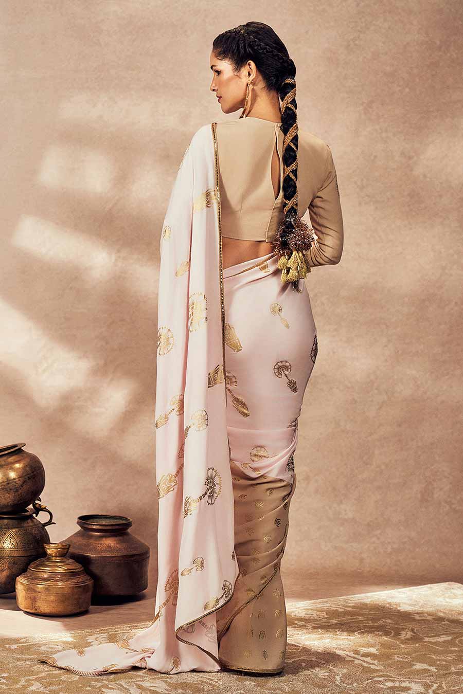 Beige & Pink Traveller's Palm Printed Saree With Blouse Piece