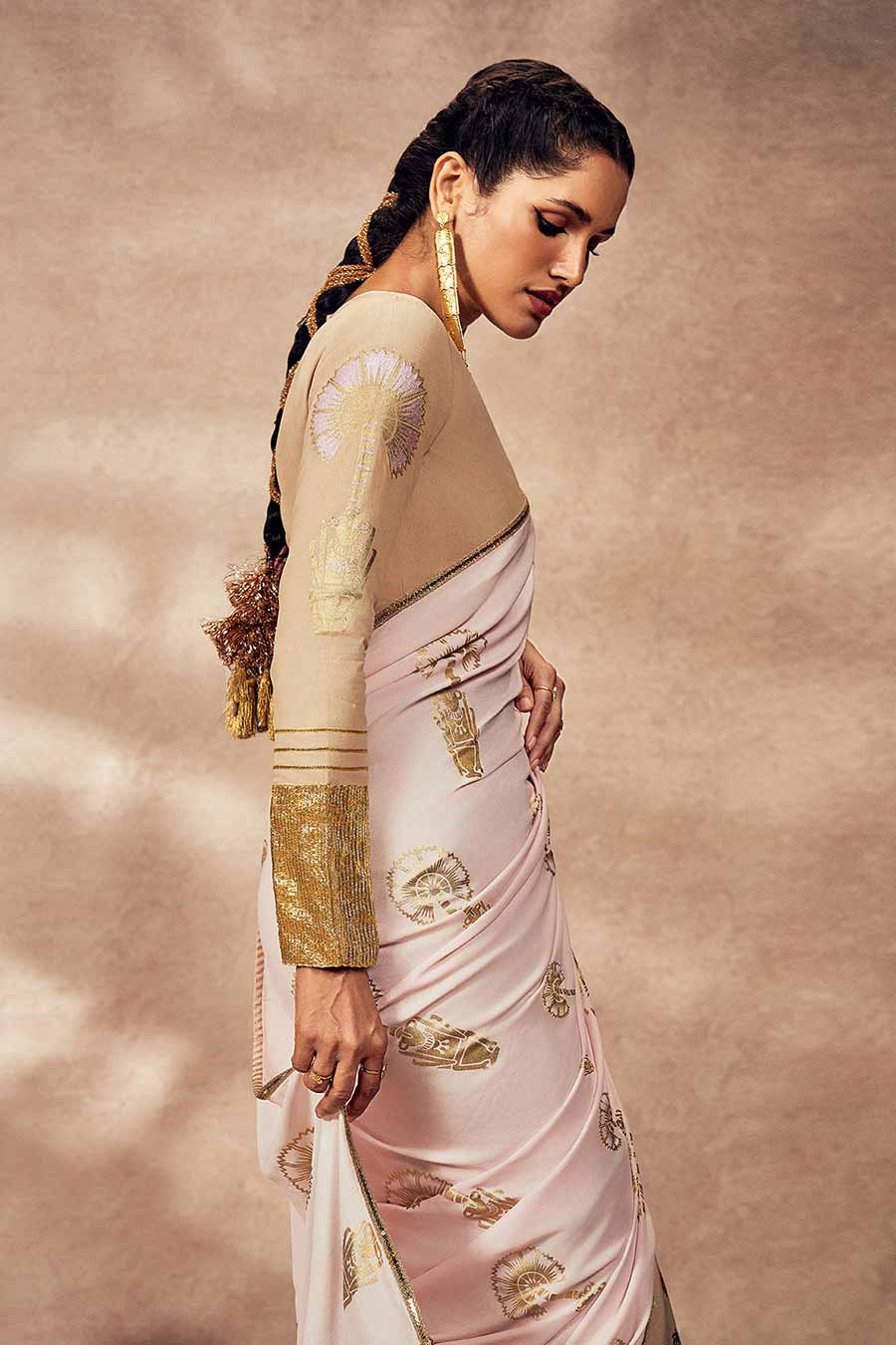 Beige & Pink Traveller's Palm Printed Saree With Blouse Piece