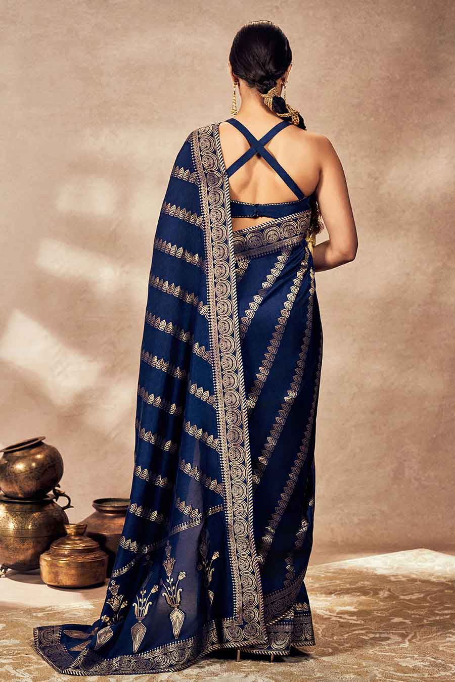 Navy Blue Jacquard Saree With Blouse Piece
