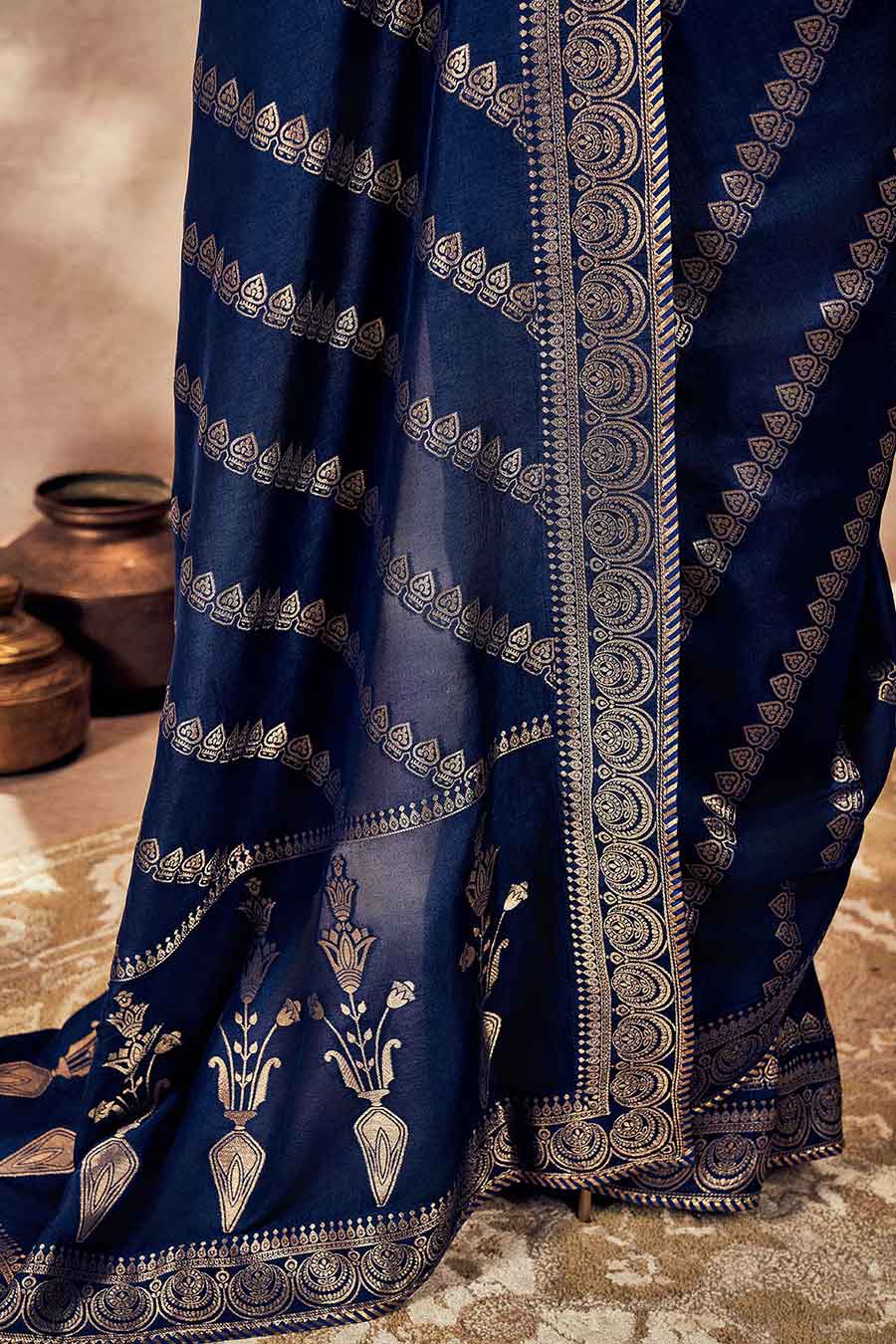 Navy Blue Jacquard Saree With Blouse Piece
