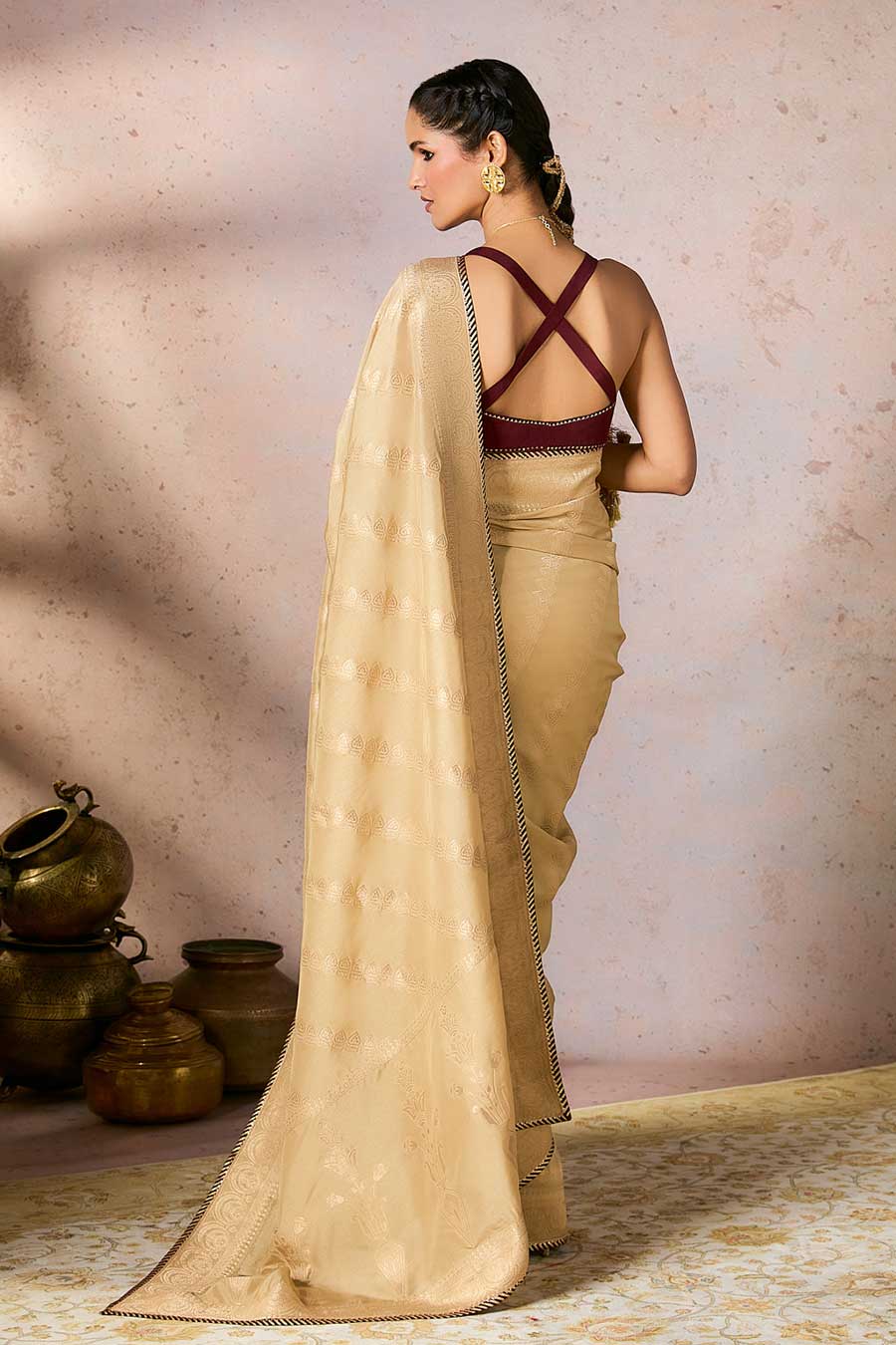 Beige Jacquard Saree With Blouse Piece