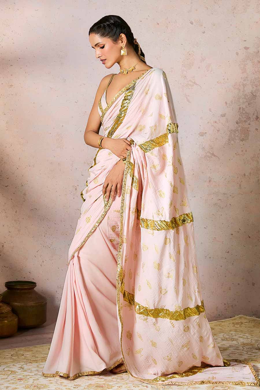 Baby Pink Potters Touch Printed Saree With Blouse Piece