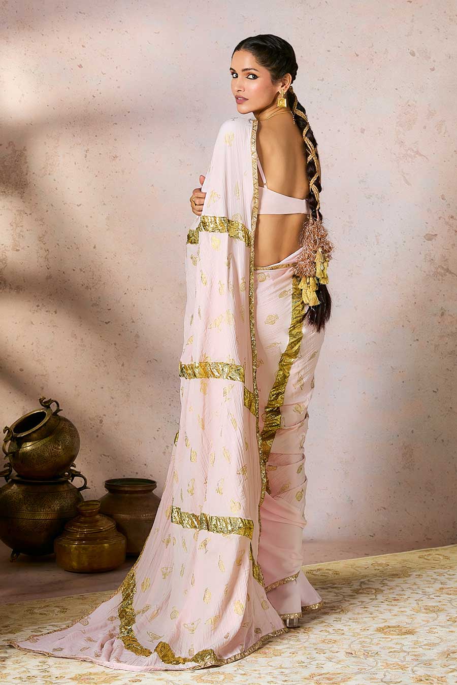 Baby Pink Potters Touch Printed Saree With Blouse Piece