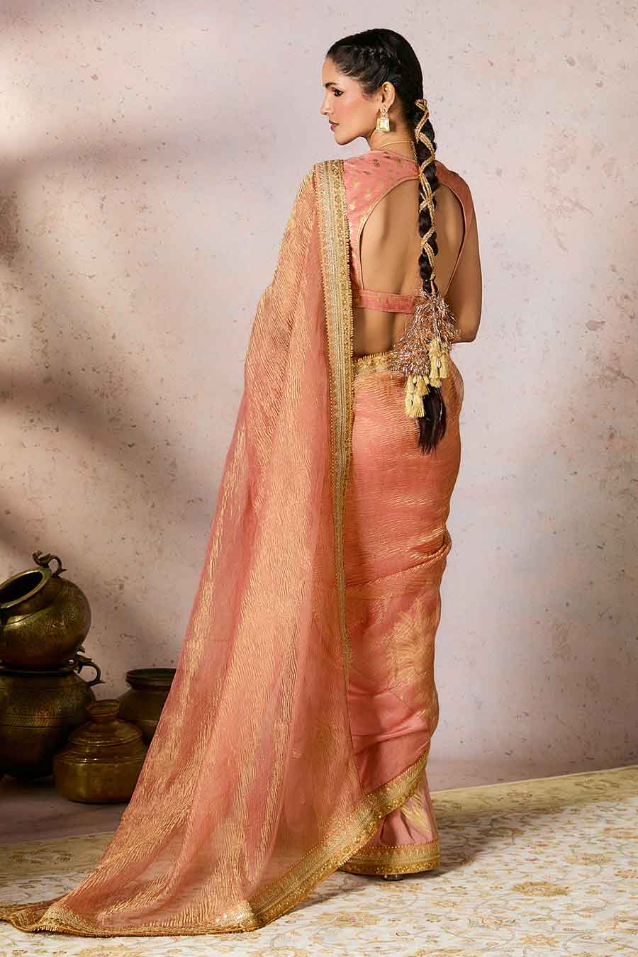 Peach Palm Blooms Tissue Saree With Blouse Piece