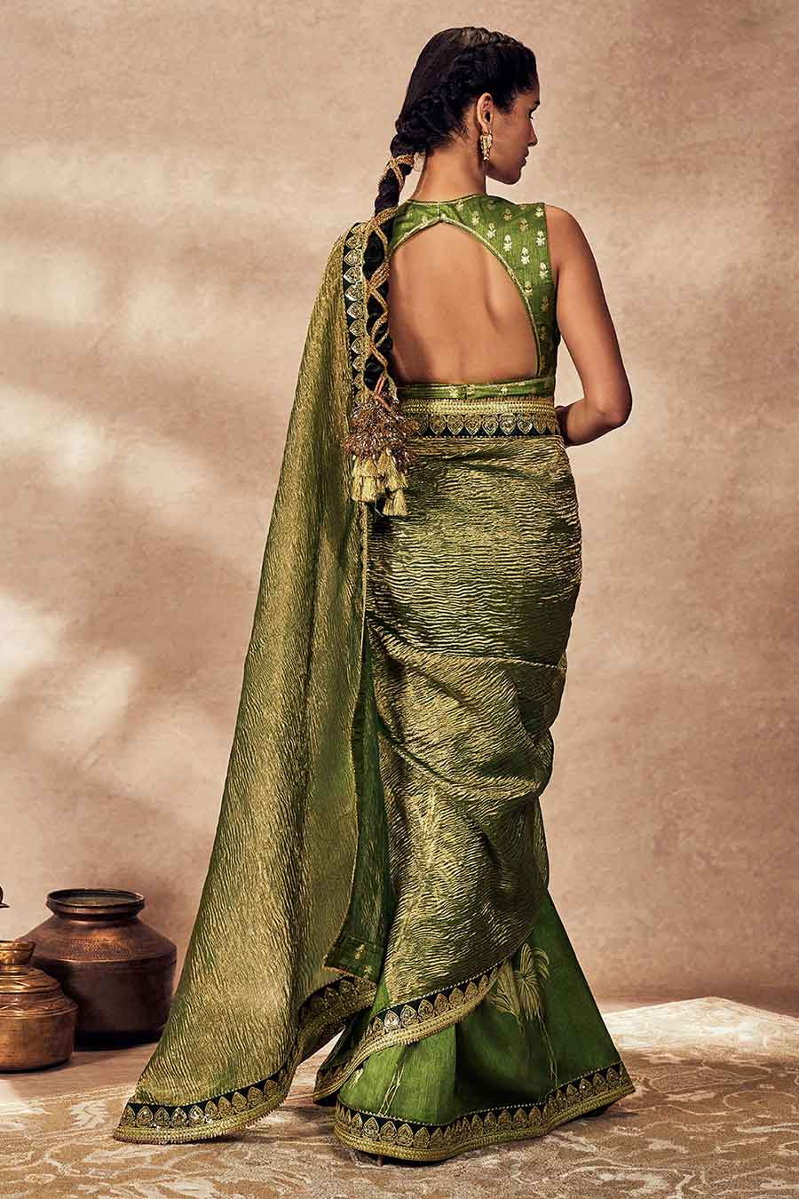 Green Palm Blooms Printed Saree With Blouse Piece
