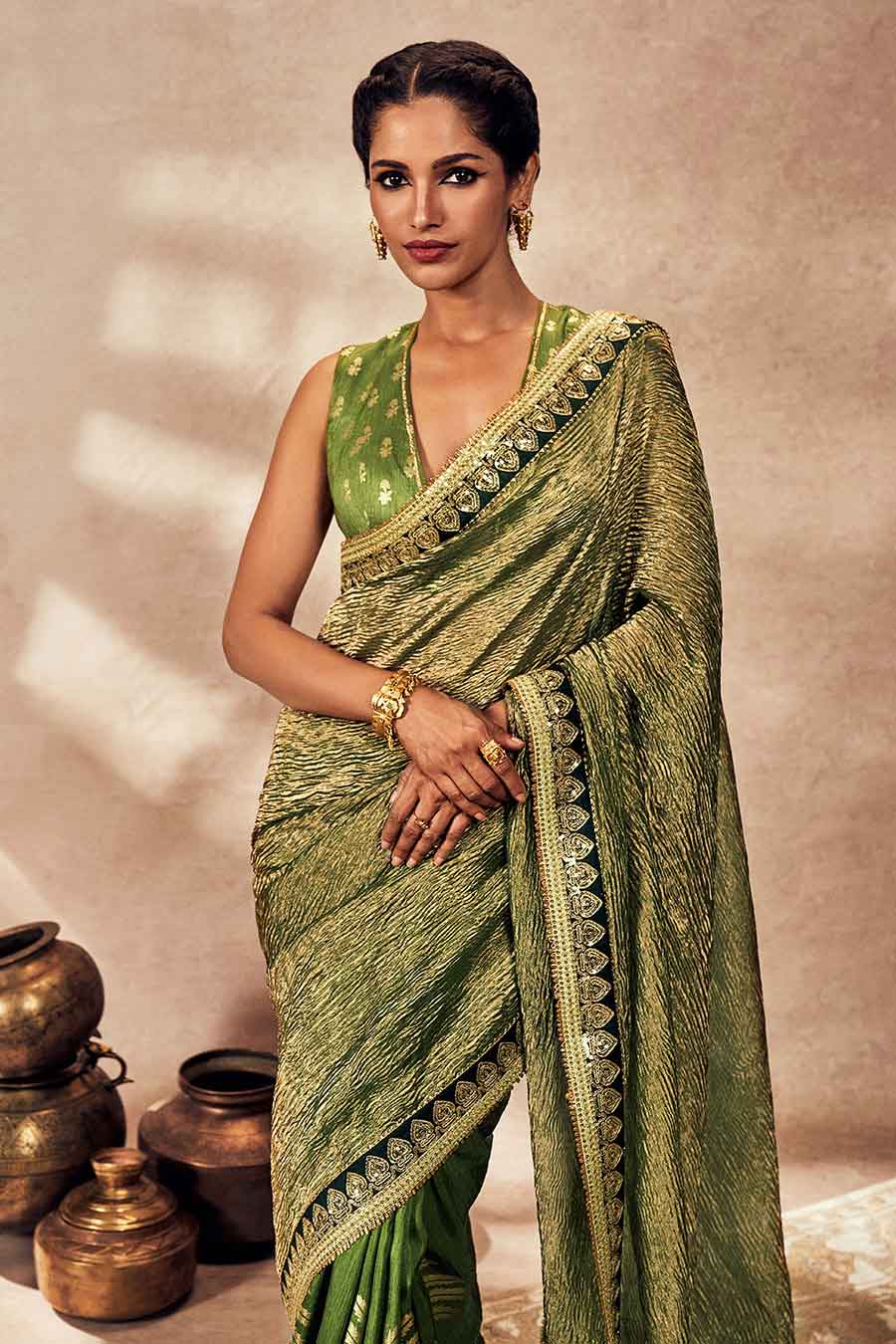 Green Palm Blooms Printed Saree With Blouse Piece
