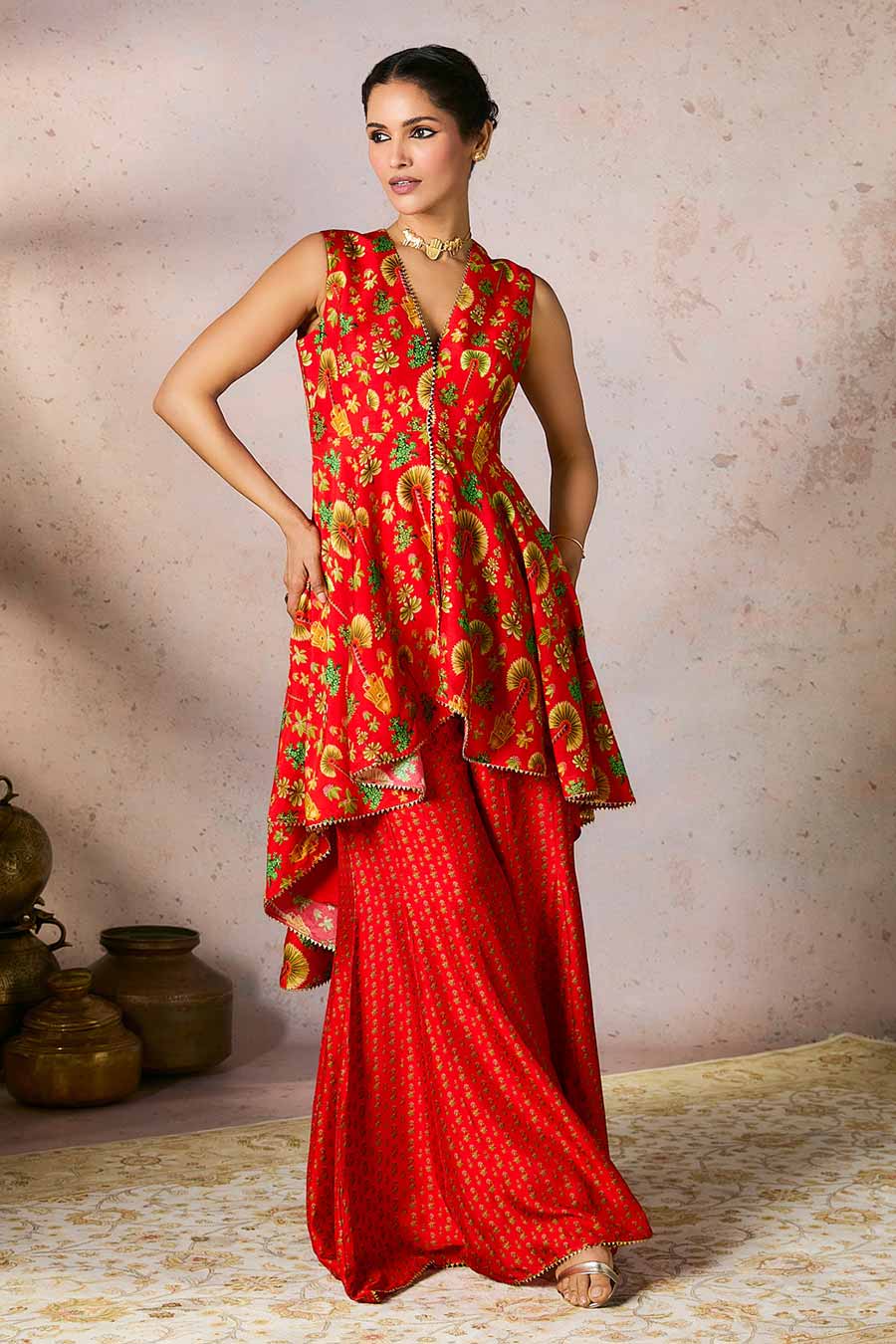 Red Nomadic Tribe Printed Tunic & Sharara Set