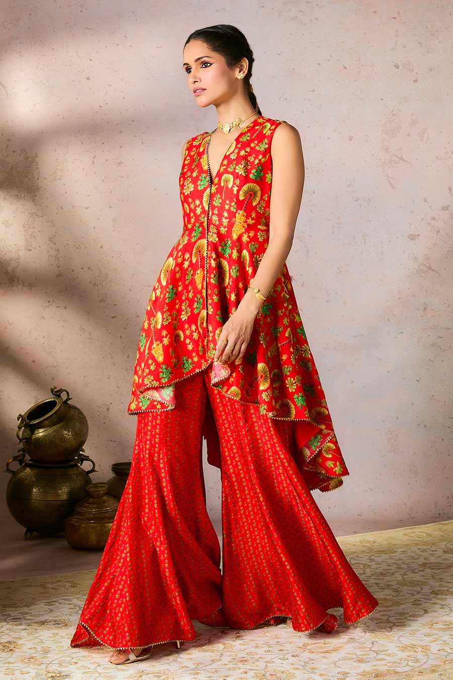 Red Nomadic Tribe Printed Tunic & Sharara Set