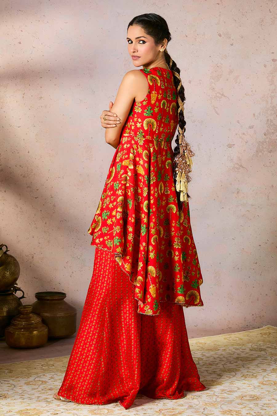 Red Nomadic Tribe Printed Tunic & Sharara Set