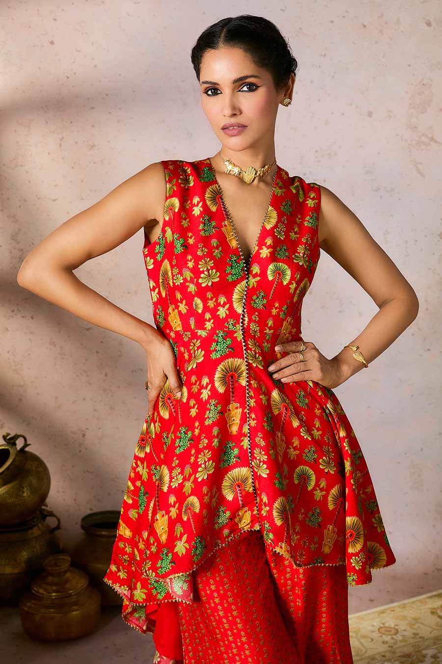 Red Nomadic Tribe Printed Tunic & Sharara Set