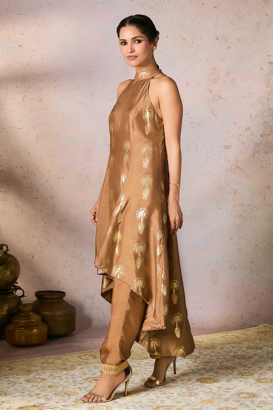 Beige Traveller's Palm Printed Tunic & Pant Set