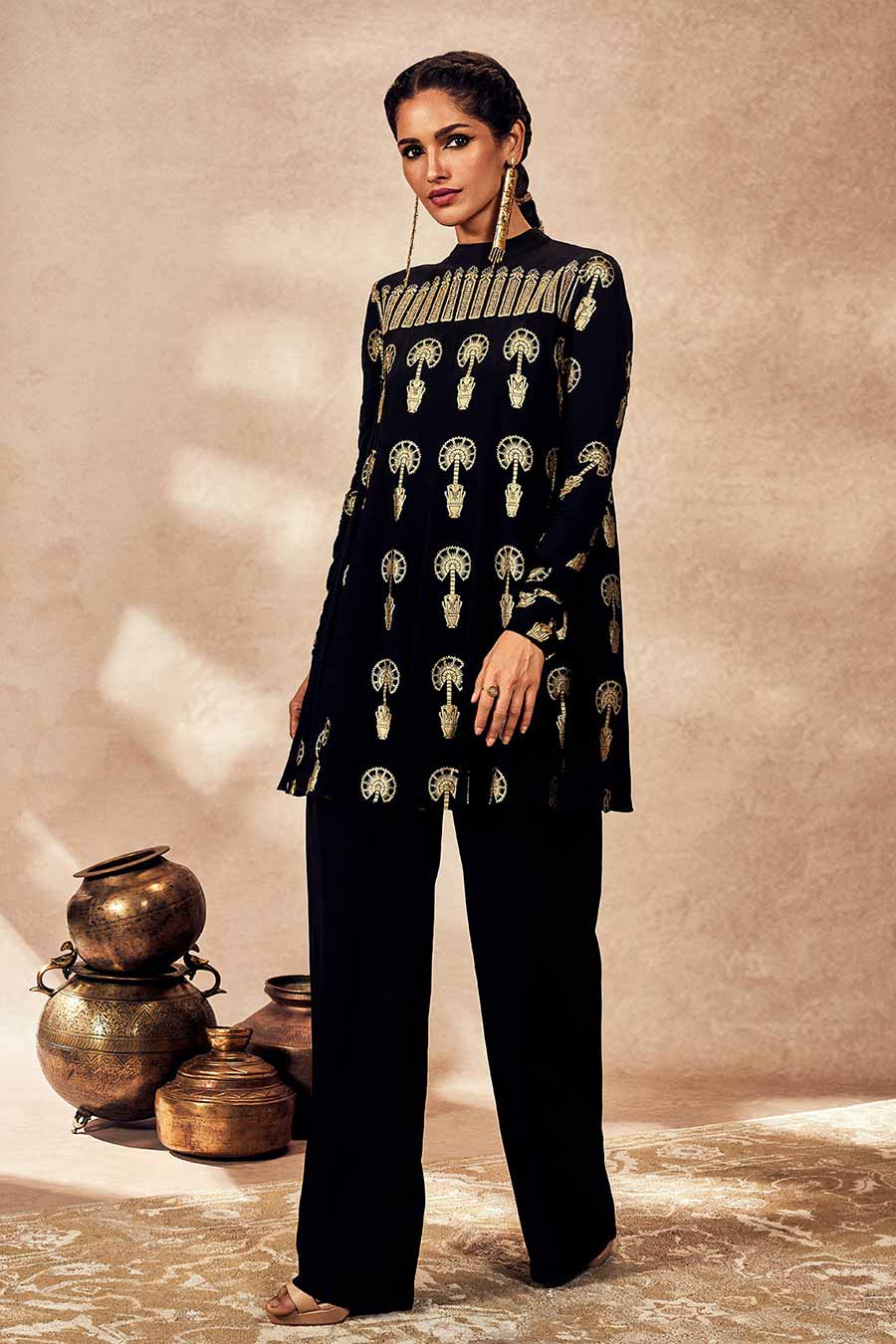Black Traveller's Palm Printed Tunic & Pant Set