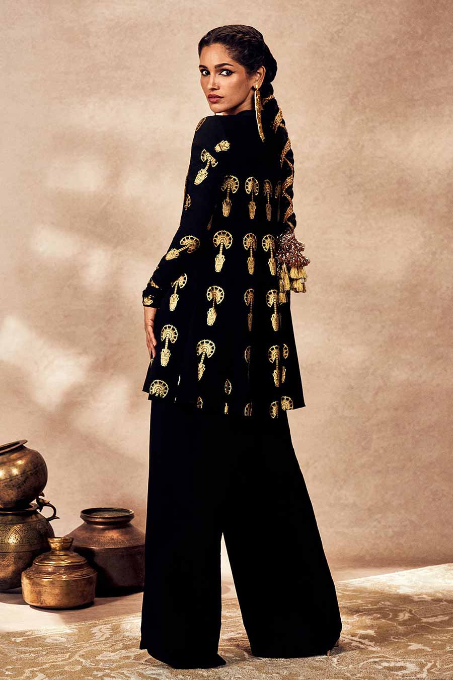 Black Traveller's Palm Printed Tunic & Pant Set