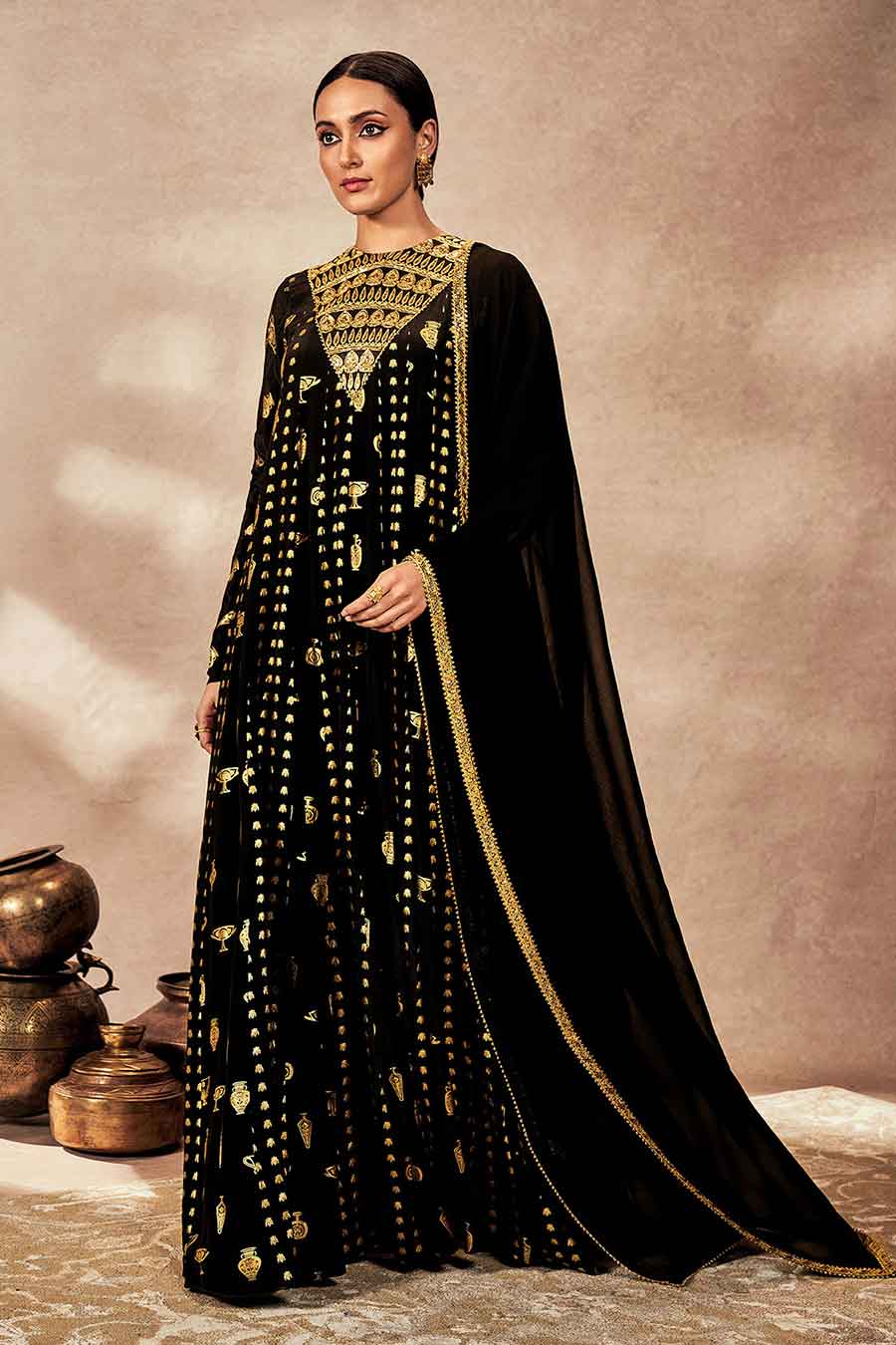 Black Potters Touch Embroidered Anarkali & Dupatta Set