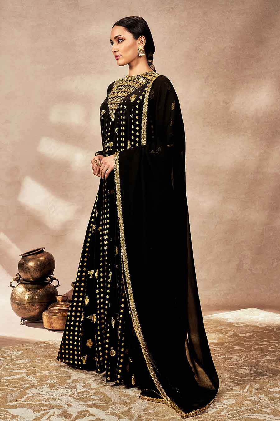 Black Potters Touch Embroidered Anarkali & Dupatta Set