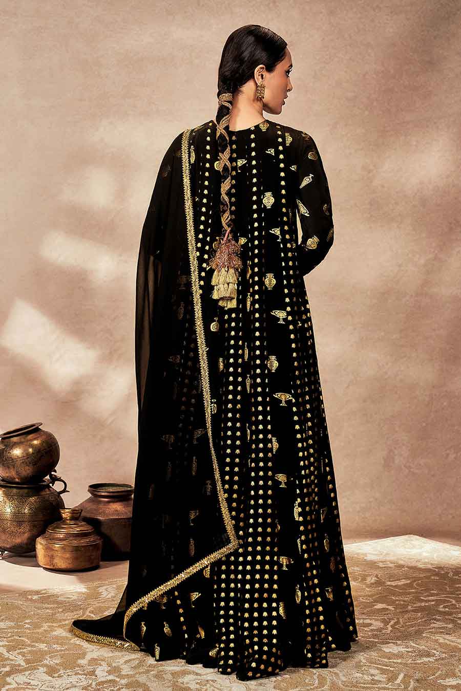 Black Potters Touch Embroidered Anarkali & Dupatta Set