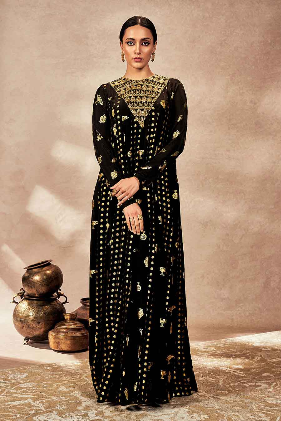 Black Potters Touch Embroidered Anarkali & Dupatta Set