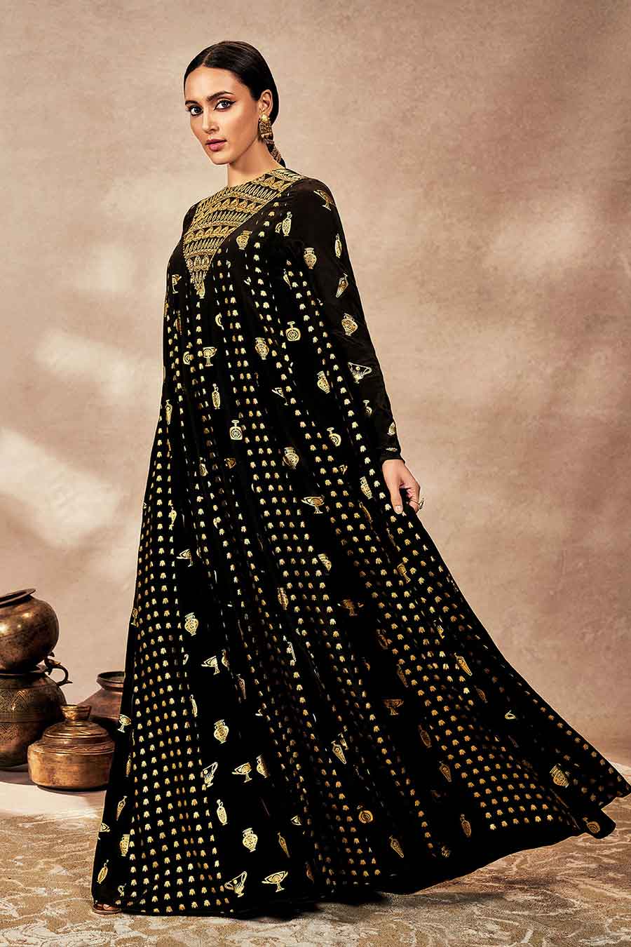 Black Potters Touch Embroidered Anarkali & Dupatta Set