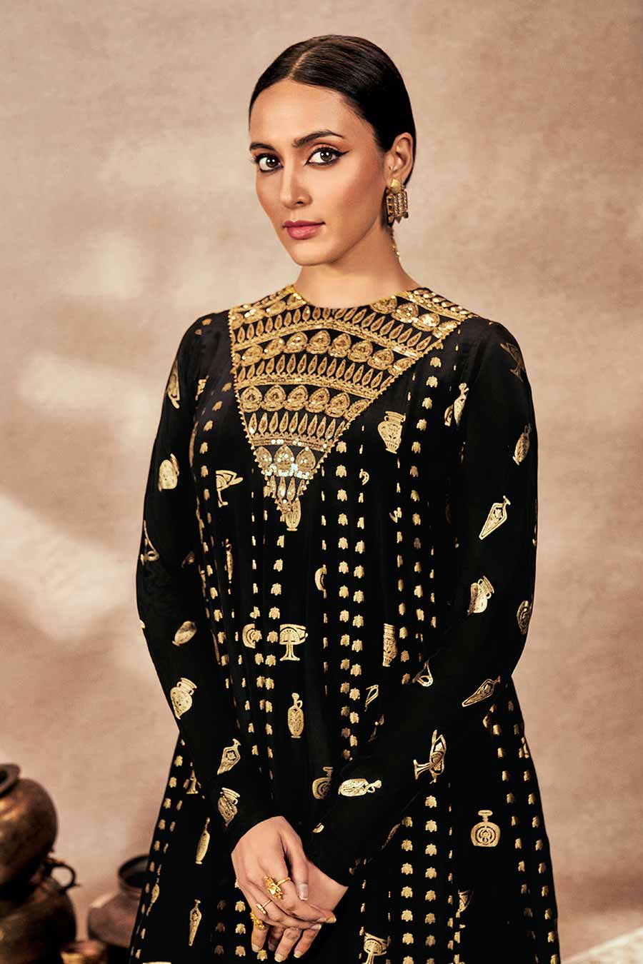 Black Potters Touch Embroidered Anarkali & Dupatta Set