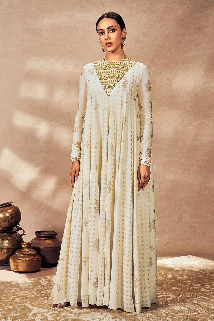Ivory Potters Touch Embroidered Anarkali & Dupatta Set