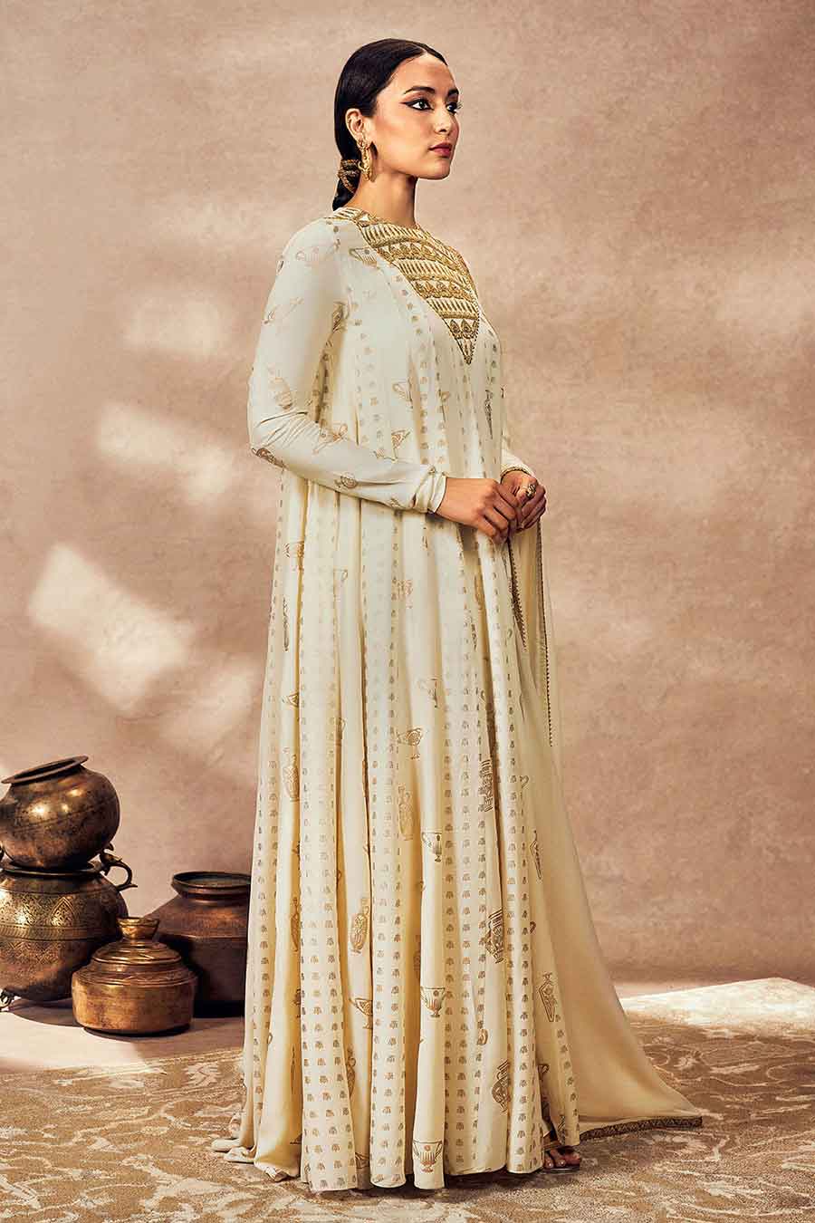 Ivory Potters Touch Embroidered Anarkali & Dupatta Set