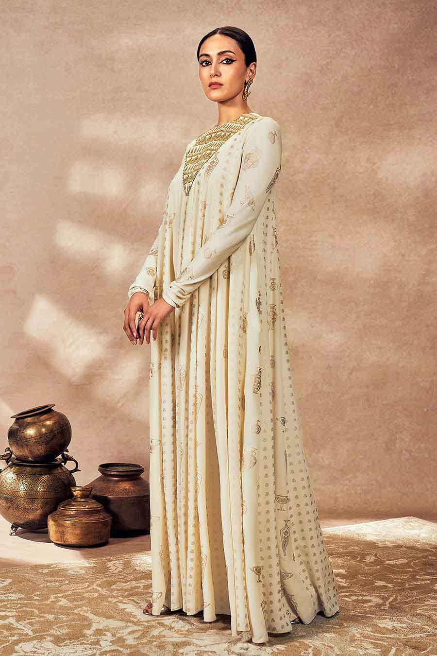 Ivory Potters Touch Embroidered Anarkali & Dupatta Set