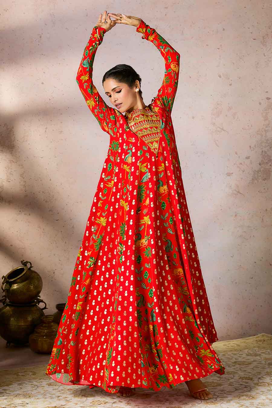 Red Tropical Rhapsody Embroidered Anarkali & Dupatta Set