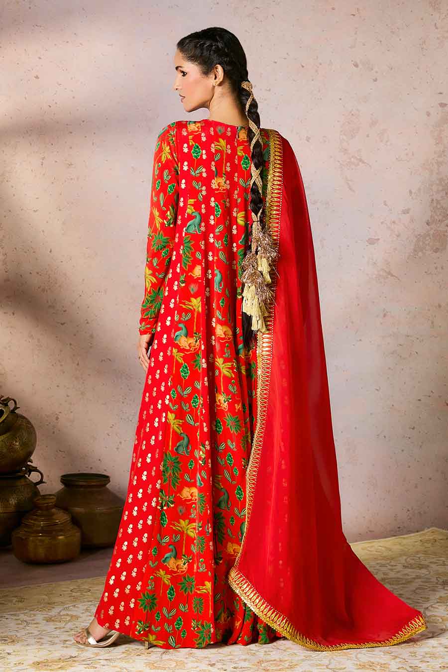 Red Tropical Rhapsody Embroidered Anarkali & Dupatta Set