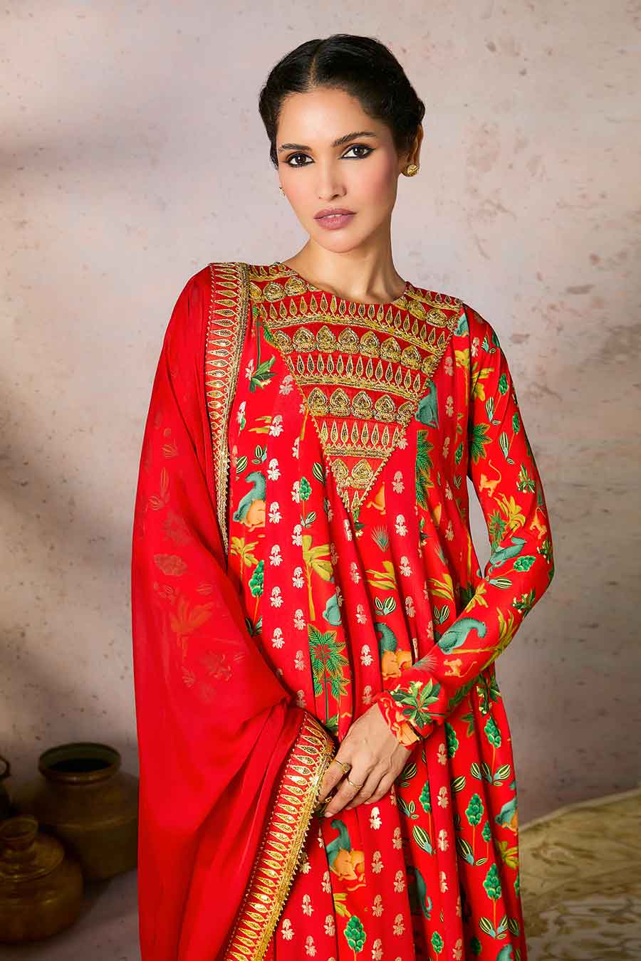 Red Tropical Rhapsody Embroidered Anarkali & Dupatta Set