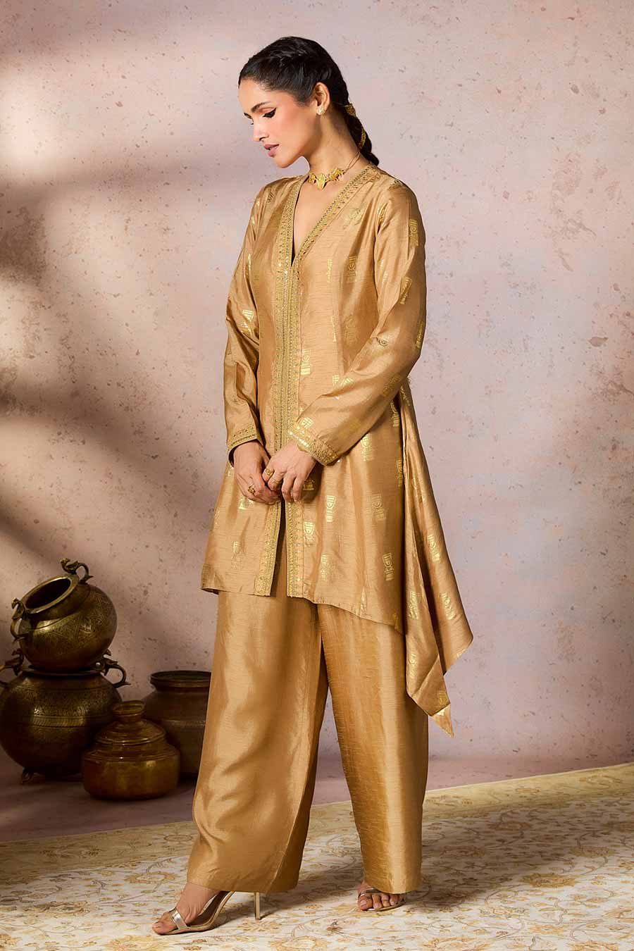 Beige Timber Tribe Printed Tunic & Pant Set