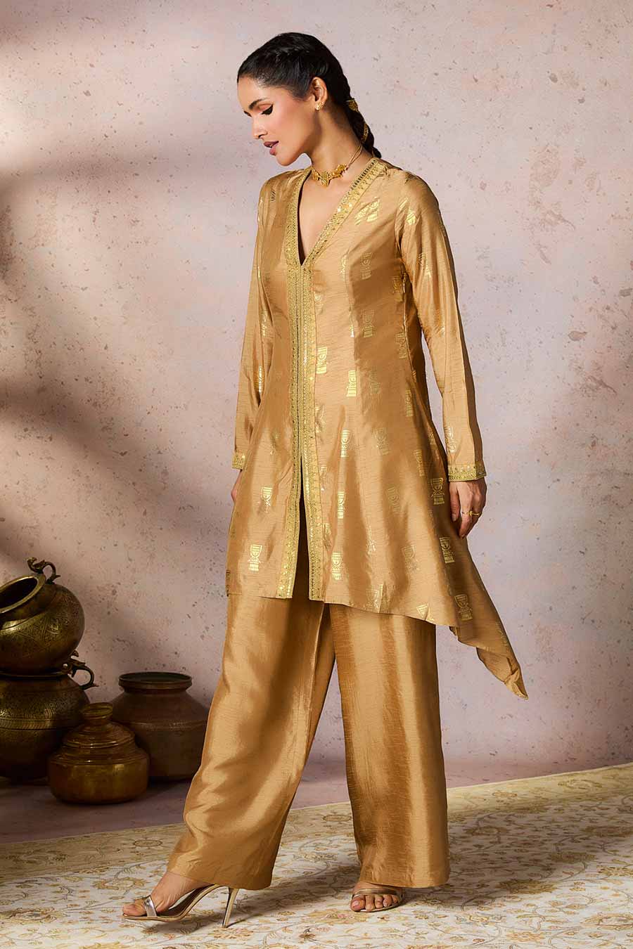 Beige Timber Tribe Printed Tunic & Pant Set