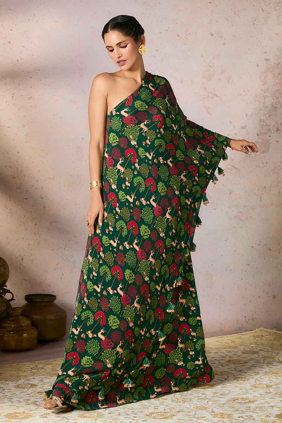 Green Midnight Maze Printed One-Shoulder Dress