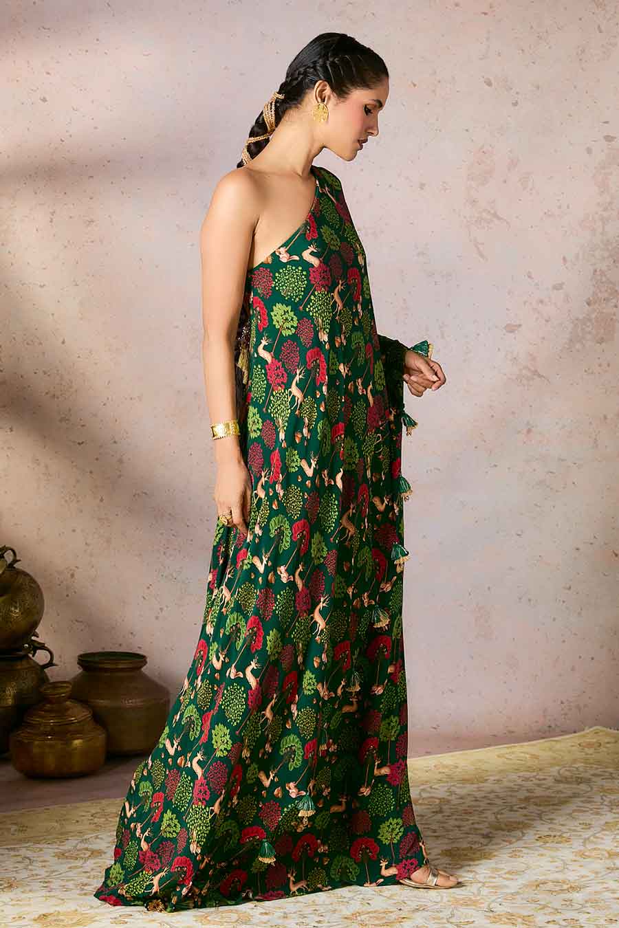 Green Midnight Maze Printed One-Shoulder Dress
