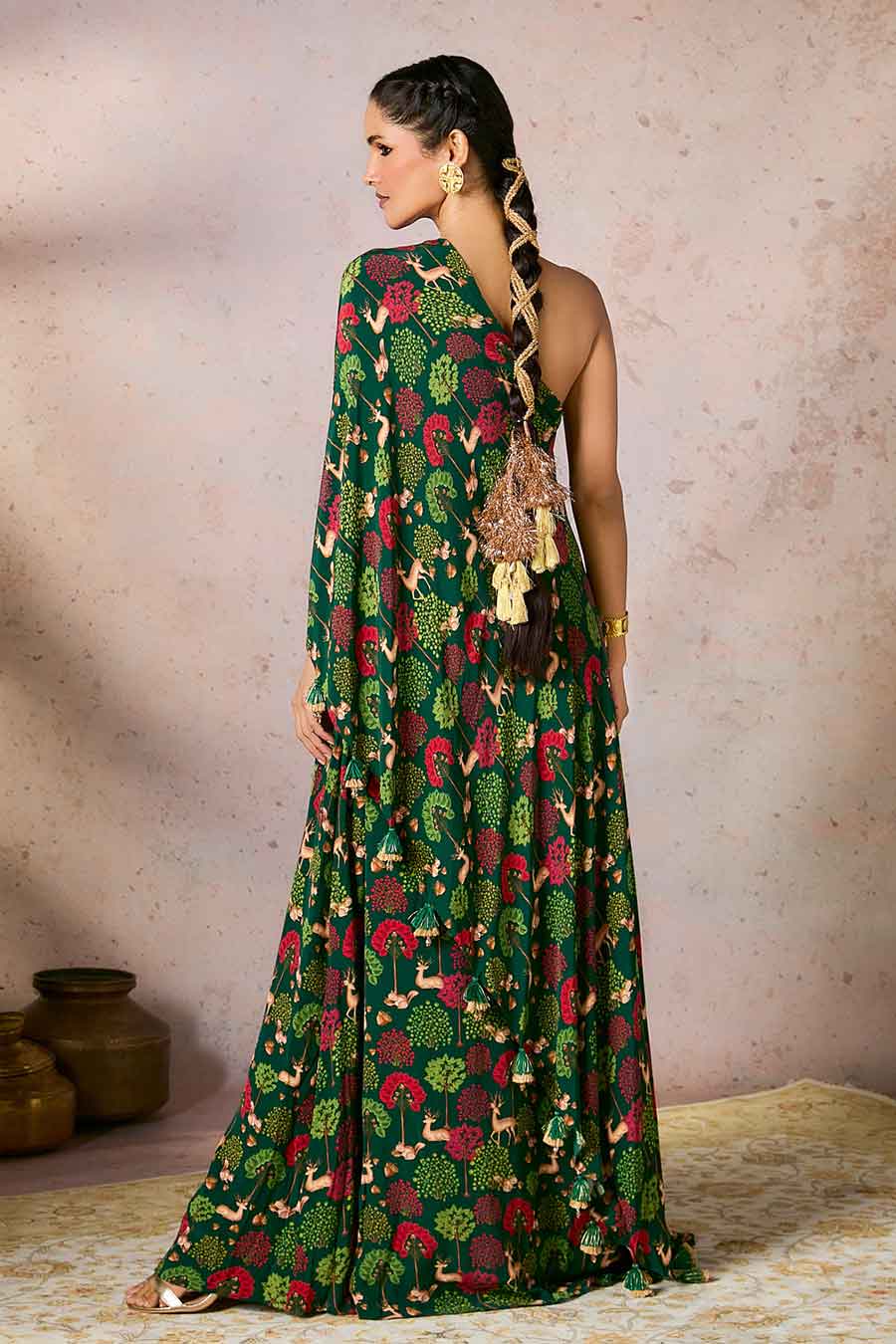 Green Midnight Maze Printed One-Shoulder Dress