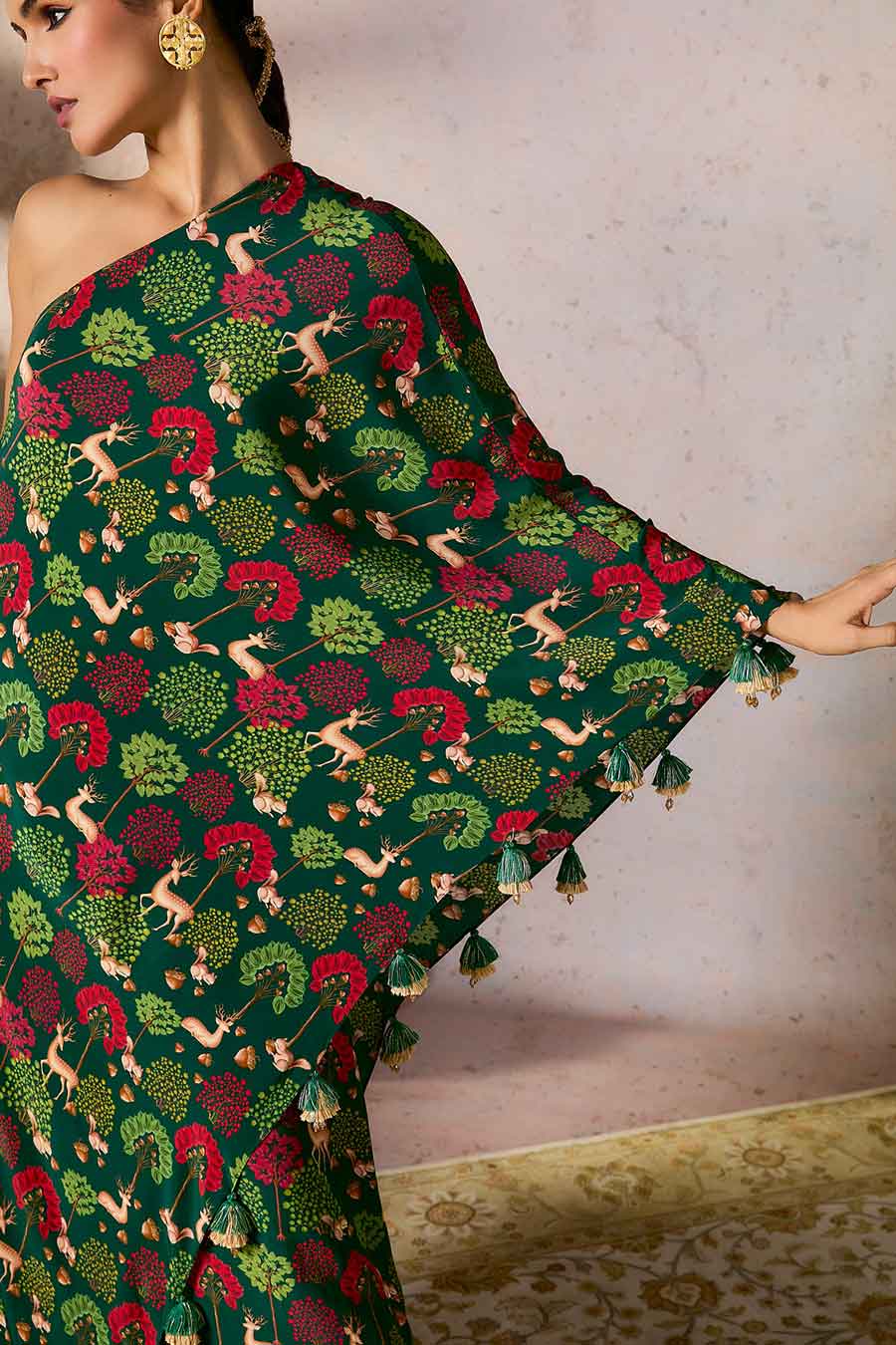 Green Midnight Maze Printed One-Shoulder Dress